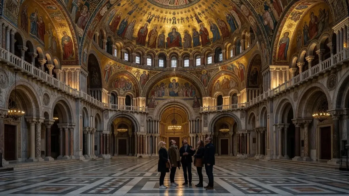 Golden mosaics illuminated across the domes during a St Marks Basilica night tour after closing in Venice, Italy
