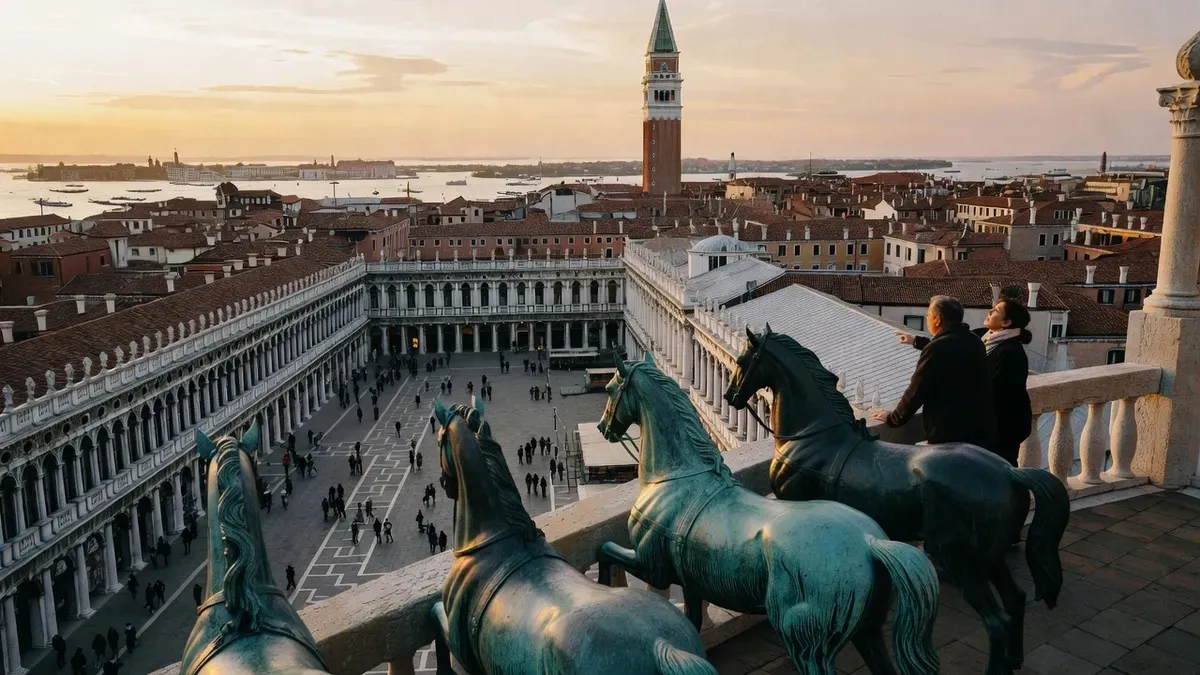 View over St Mark's Square from the basilica terrace at sunset before a St Marks Basilica night tour in Venice, Italy